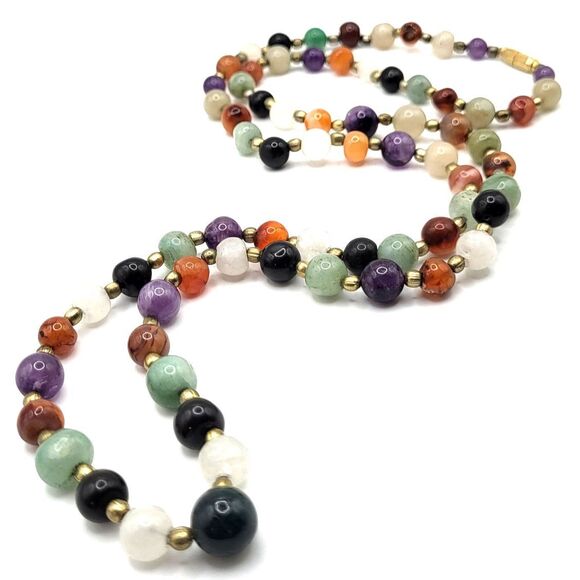 Vintage Gemstone Beaded Necklace LONG 38” screw clasp heavy STUNNING - Picture 5 of 5